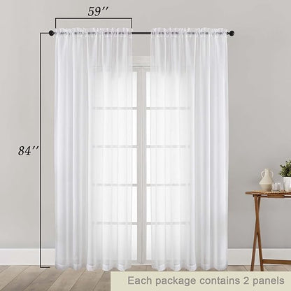 White Sheer Curtains 84 Inches Long 2 Panels Set for Bedroom Living Room, Soft Airy Light Filtering Modern Solid Rod Pocket Drapes Window Treatments, White, Each 59" W x 84" L