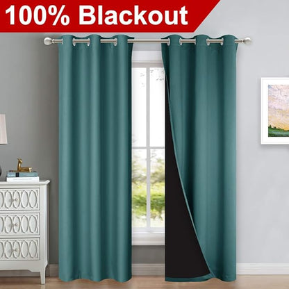NICETOWN Sea Teal Full Shade Curtain Panels, 37" Wide x 80" Long, Sea Teal, Pair of Thermal Insulated & Energy Efficiency Blackout Drapes for Living Room, Lined Silky Performance Window Dressing