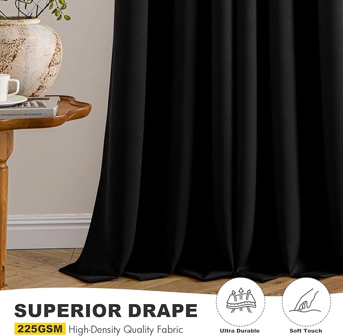MIULEE Black Blackout Curtains for Bedroom Living Room 96 Inches Long 2 Panels, Thermal Insulated Room Darkening Drapes Solid Grommet Top Noise Reduction Light Blocking Halloween Window Treatments