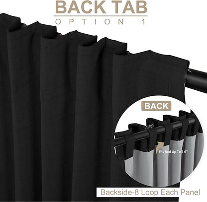 100% Blackout Shield Linen Blackout Curtains for Bedroom 90 Inches Long, Back Tab/Rod Pocket Living Room Drapes, Thermal Insulated Blackout Curtains 2 Panels Set, 50" W x 90" L, Black