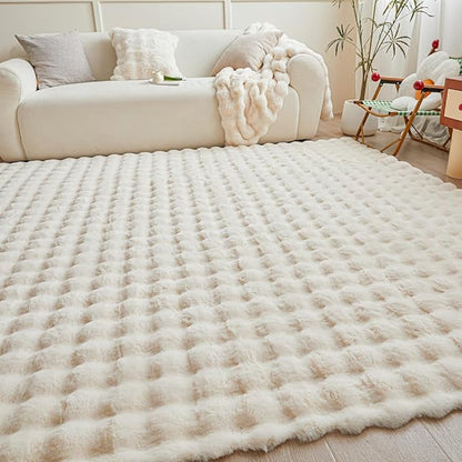 Creamy White Rabbit Plush Rug 6'x9', Fluffy Faux Fur Shaggy Area Rug for Nursery, Kids Room Decor, Soft Fuzzy Carpet for Living Room, Bedroom, Teen Girls Room