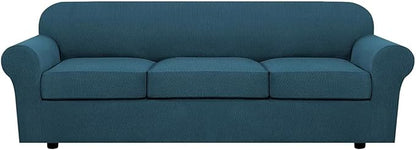 H.VERSAILTEX 4 Piece Stretch Sofa Covers for 3 Cushion Couch Covers for Living Room Furniture Slipcovers (Base Cover Plus 3 Seat Cushion Covers) Thicker Jacquard Fabric (Large Sofa, Deep Teal)