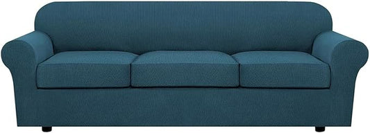H.VERSAILTEX 4 Piece Stretch Sofa Covers for 3 Cushion Couch Covers for Living Room Furniture Slipcovers (Base Cover Plus 3 Seat Cushion Covers) Thicker Jacquard Fabric (Large Sofa, Deep Teal)