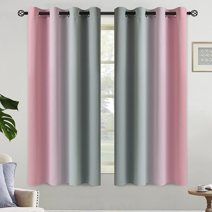 Yakamok Ombre Grey and Pink Curtains for Bedroom, Gradient Room Darkening Curtains 63 inches Long,Grommet Thermal Insulated Light Blocking Window Drapes/Curtain for Living Room,52 x 63 Inch,2 Panels