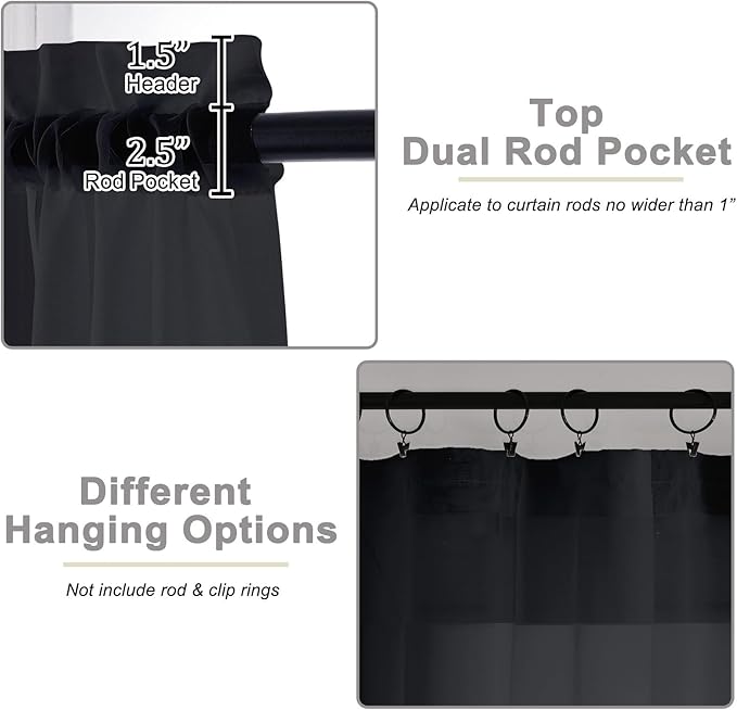 Black Sheer Curtains for Bedroom Living Room 45 Inch Length 2 Panels, Soft Airy Light Filtering Small Kitchen Window Curtains, Rod Pocket Short Curtain Drapes, Black, 42" Wx45 L Inches