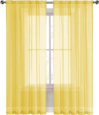 SpaceDresser Sheer Voile Window Treatment Rod Pocket Curtain Panels for Kitchen Bedroom Living Room Drapes Sunlight Filtering Privacy Semi Home Decor Assorted Colors Sizes (Yellow, 52 W x 96 L)