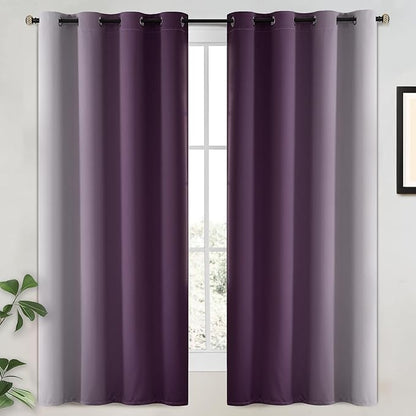 Yakamok 100% Blackout Curtains 63 Inch Length 2 Layers,Purple Curtains for Bedroom Ombre Room Darkening Grommet Gradient Drapes, Light Blocking Thermal Insulated Window Curtains for Living Room