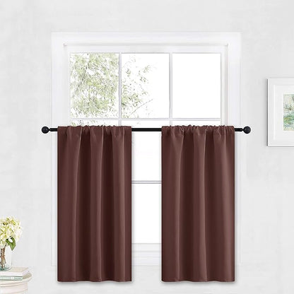 RYB HOME Blackout French Door Window Curtain Covering, Rod Pocket Thermal Insulated Privacy Non See Through Drapes for Bathroom Window, Width 29 by Length 45, Chocolate Brown, 2 Panels