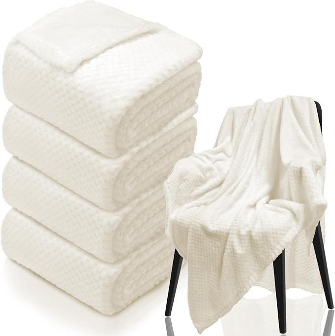 4 Pack Fleece Throw Blankets 50x60 Inches - Oeko-Tex Certified 100, 270 GSM Ultra Soft Plush for Bed, Couch and Cozy Gifts. 3D Waffle Texture, No Shedding No Pilling All Season (Cream)