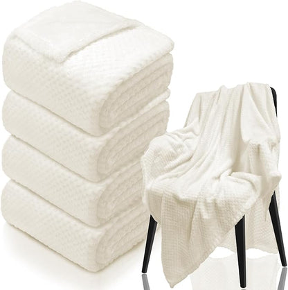 4 Pack Fleece Throw Blankets 50x60 Inches - Oeko-Tex Certified 100, 270 GSM Ultra Soft Plush for Bed, Couch and Cozy Gifts. 3D Waffle Texture, No Shedding No Pilling All Season (Cream)