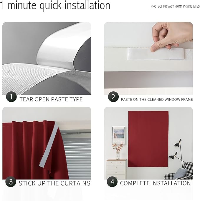 Self Adhesive Curtains, Stick Curtain Blackout Shades Window Cover Curtains for Living Room No Drilling, 47" W X 71" L, Burgundy, 1 Panel