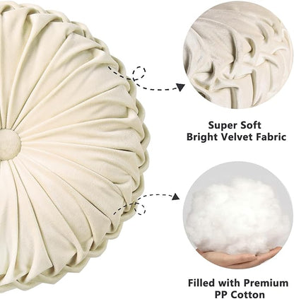 HIG Set of 2 Decorative Round Pleated Throw Pillows,Classy Accent Pumpkin Throw Pillows with Center Button,Vintage Velvet Floor Pillows for Sofa Vanity Chair Bed, Beige,14.5" Diameter(Ripple)