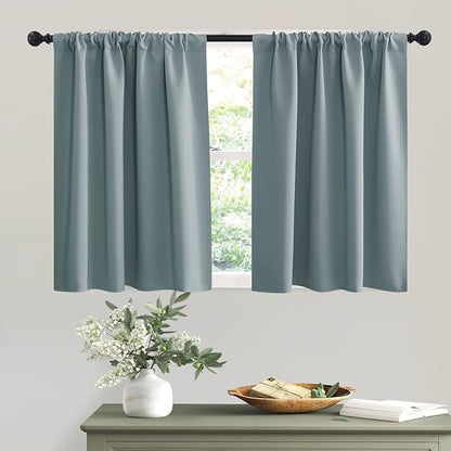 RYB HOME Short Dusty Blue Blackout Curtains for Small Bedroom Window, Insulating UV Blocking Drapes for Kitchen Cafe Basement Garage, Privacy Tiers for Bathroom Window, Width 42 by Length 36, Set of 2