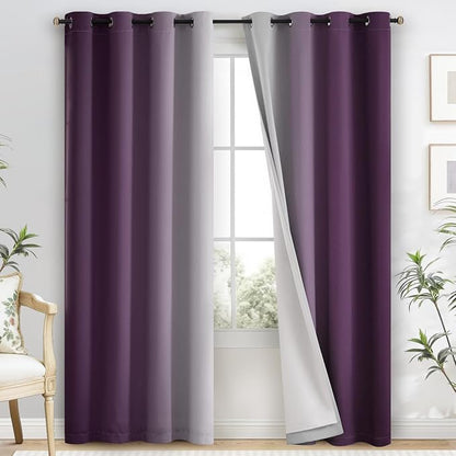 Yakamok 100% Blackout Curtains 84 Inch Length 2 Layers,Purple Curtains for Bedroom Ombre Room Darkening Grommet Gradient Drapes, Light Blocking Thermal Insulated Window Curtains for Living Room