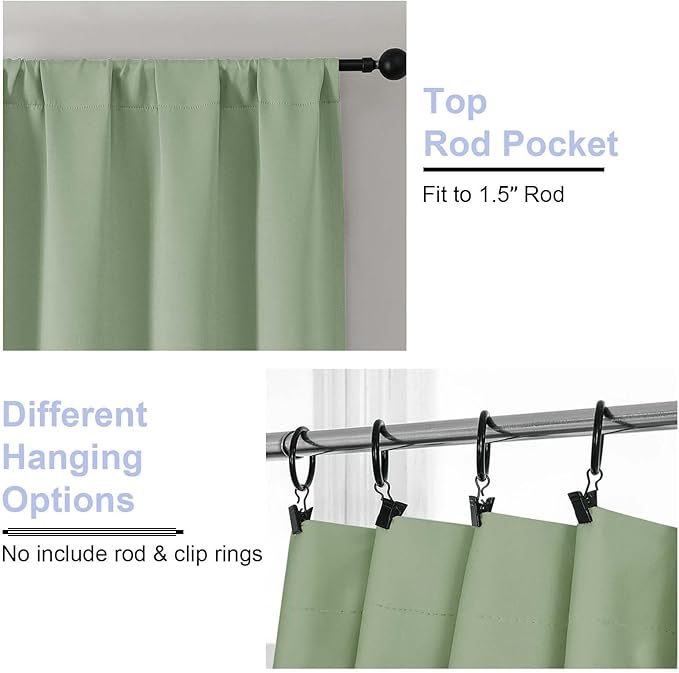Simplebrand Ava Light Green Blackout Curtains for Bedroom 72 Inch Length 2 Panels Set, Privacy Thermal Insulated Rod Pocket Door Window Curtains for Patio French Front Door, W40 x L72 Inch