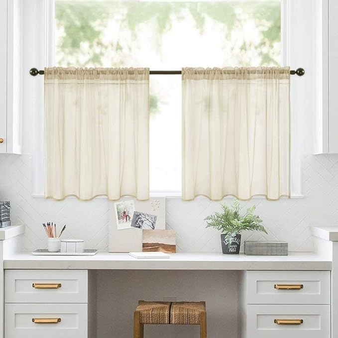 MIULEE 2 Panels Kitchen Tiers Half Window Sheer Curtains Rod Pocket Translucent Voile Drapes for Kitchen Bathroom Small Windows 29 by 24 Inch Beige
