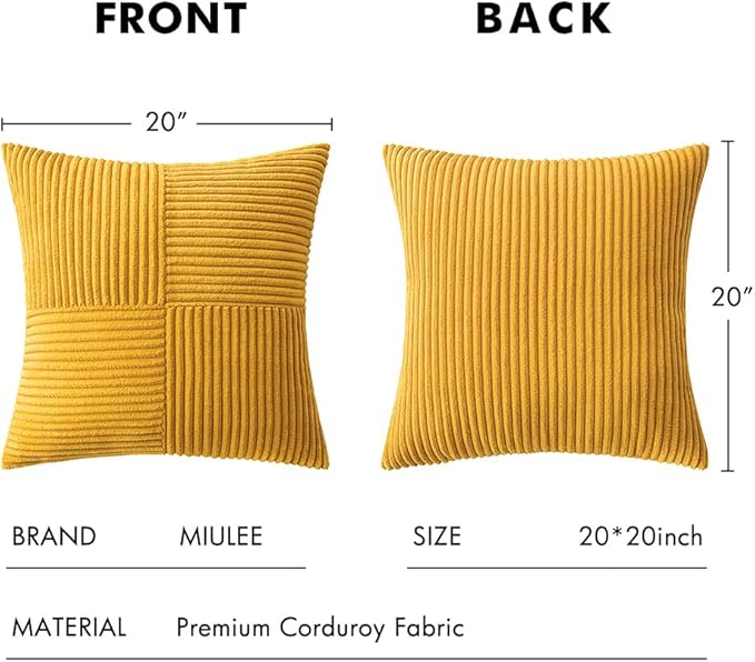 MIULEE Mustard Yellow Decorative Throw Pillow Covers 20x20 Inch for Couch Bed Sofa Pack of 2 Boho Farmhouse Throw Pillows Soft Cross Corduroy Patchwork Textured Cushion Cases