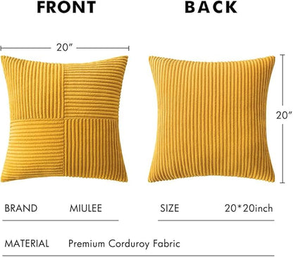 MIULEE Mustard Yellow Decorative Throw Pillow Covers 20x20 Inch for Couch Bed Sofa Pack of 2 Boho Farmhouse Throw Pillows Soft Cross Corduroy Patchwork Textured Cushion Cases