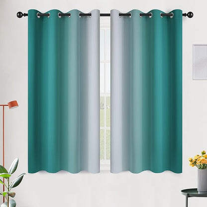 SimpleHome Ombre Room Darkening Curtains 45 inches Length for Bedroom,Grommet Gradient Light Blocking Teal Gradient Window Curtains for Living Room,2 Panels, 52x45 inches