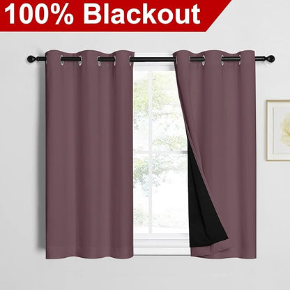 NICETOWN Dry Rose 100% Blackout Curtains 45 inches Long, 2 Thick Layers Completely Blackout Window Treatment Thermal Insulated Lined Drapes for Small Window (1 Pair, 42 inches Width Each Panel)