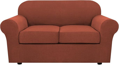 H.VERSAILTEX 3 Piece Stretch Sofa Covers for 2 Cushion Loveseat Couch Covers for Living Room Sofa Slipcovers (Base Cover Plus 2 Seat Cushion Covers) Thicker Jacquard Fabric(Medium Sofa, Rust)