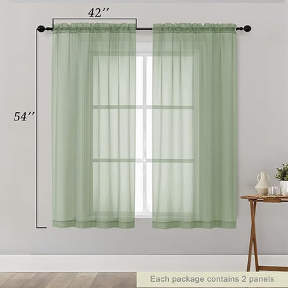 Sheer Sage Green Curtains for Bedroom Living Room 54 Inch Length 2 Panels Set, Solid Soft Airy Light Filtering Window Treatments, Modern Rod Pocket Drapes, Sage Green, 42" Wx54 L Inches