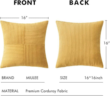 MIULEE Golden Mustard Decorative Throw Pillow Covers 16x16 Inch for Couch Bed Sofa Pack of 2 Boho Farmhouse Throw Pillows Soft Cross Corduroy Patchwork Textured Cushion Cases