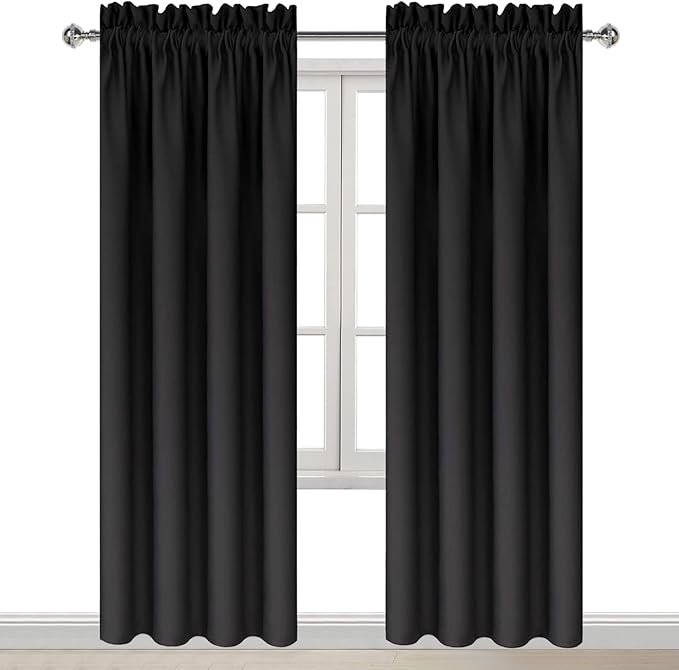 DWCN Blackout Curtains for Bedroom – Thermal Insulated Energy Saving Drapes for Living Room, Black, W 38 x L 84 Inch, Set of 2 Rod Pocket Curtain Panels