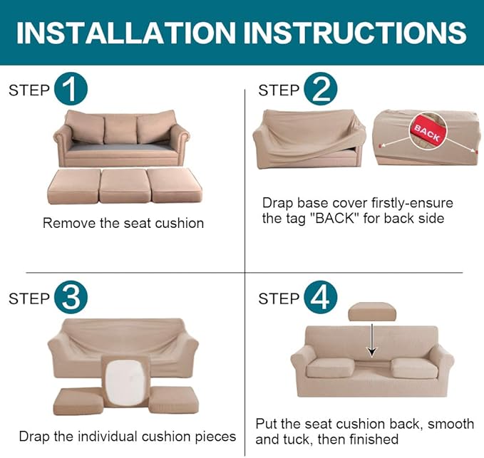 Turquoize 4 Piece Sofa Slipcover Sofa Covers for 3 Cushion Couch Soft Couch Cover for Dogs-Washable Sofa Furniture Covers with 3 Individual Cushion Covers,Feature Jacquard Fabric(3 Cushion Sofa, Sand)