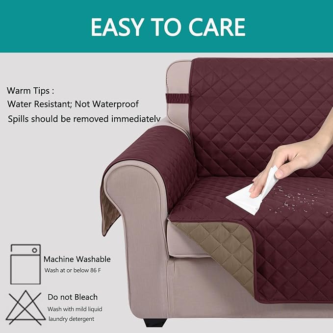 U-NICE HOME Reversible Oversized Chair Covers Quilted Water Repellent Pet Protectors with Elastic Straps(28''Armchair, Burgundy/Tan)