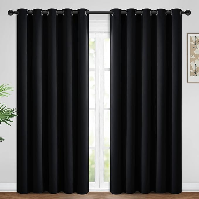 Yakamok Blackout Curtains Room Darkening Thermal Insulated Window Panels,Solid Grommet Top Drapes for Bedroom/Living Room(62Wx96L, Black, 2 Panels)