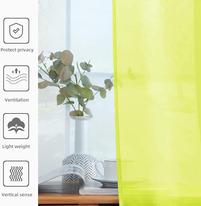 youleyar Solid Sheer Rod Pocket Curtain Voile Draperies 2 Panels White Beige Black Grey Ivory 52 Inch Width 96 Inch Long 1 Pair for Kitchen Bedroom Children Living Room Yard (Chartreuse,52Wｘ96L)