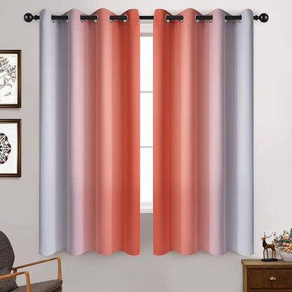 Yakamok Thermal Insulated Coral and Greyish White Gradient Curtains, Room Darkening Grommet Window Ombre Curtains, Light Blocking Drapes for Bedroom (52x63 Inch, Set of 2)