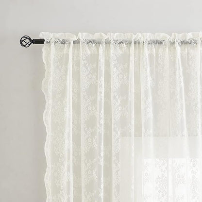 YJ YANJUN Vintage Lace Curtains 54 Inch Length- Victorian Floral Pattern Ivory Short Sheer Curtain Panels for Living Room Bedroom, Country Light Filtering Drapes, Set of 2 52W x 54L Cream
