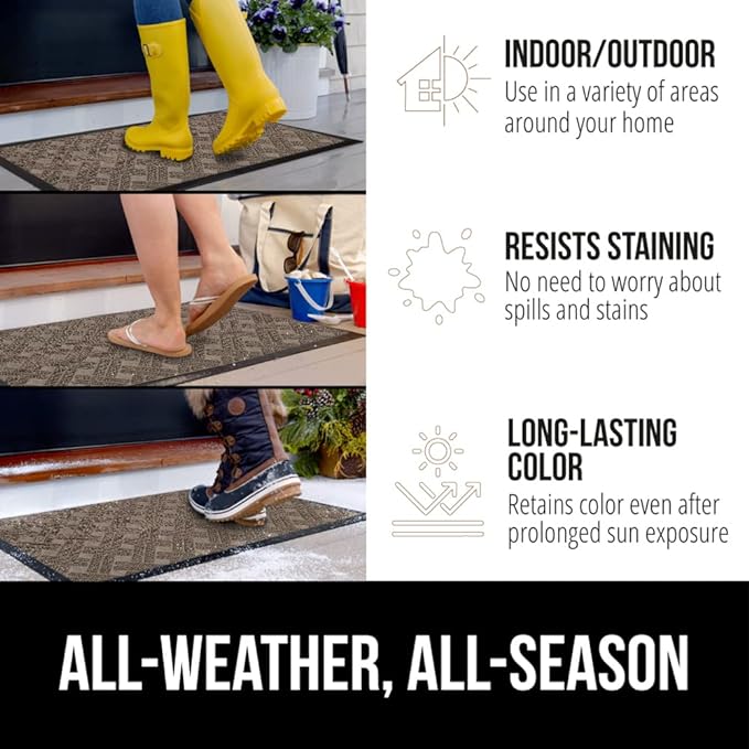 GORILLA GRIP 100% Waterproof All-Season WeatherMAX Doormat, US Designed Natural Rubber, Stain and Fade Resistant, Low Profile Indoor Outdoor Door Mats, Easy Clean Patio Mat, 29x17, Taupe Basket Weave