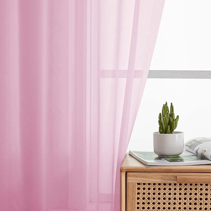 Pink Kitchen Curtains 30 Inch Length Tier 2 PCS, Solid Soft Airy Half Curtains for Windows, Pink Sheer Rod Pocket Drapes for Bathroom Basement Small Window, 42" Wx30 L Inches