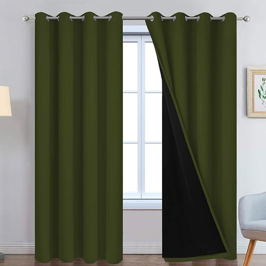Yakamok Green 100% Blackout Curtains, Total Blackout Lined Curtain Panels for Bedroom, 2 Thick Layers Grommet Top Thermal Insulated Blackout Drapes for Living Room(52Wx84L, Olive Green, 2 Panels)