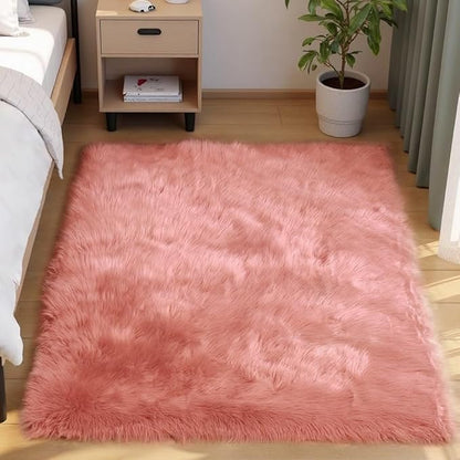 Goolela Pink Fluffy Rug 4x6 Fuzzy Faux Fur Shag Sheepskin Shaggy Rug for Bedroom Living Room Washable Rectangle