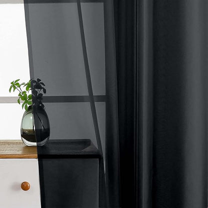 Halloween Black Window Sheer Curtains 45 Inches Length, Voile Short Curtains for Living Room Bedroom, Modern Soft Window Drapes 2 Panels, Top Dual Rod Pocket Design, 2x42Wx45L Inches