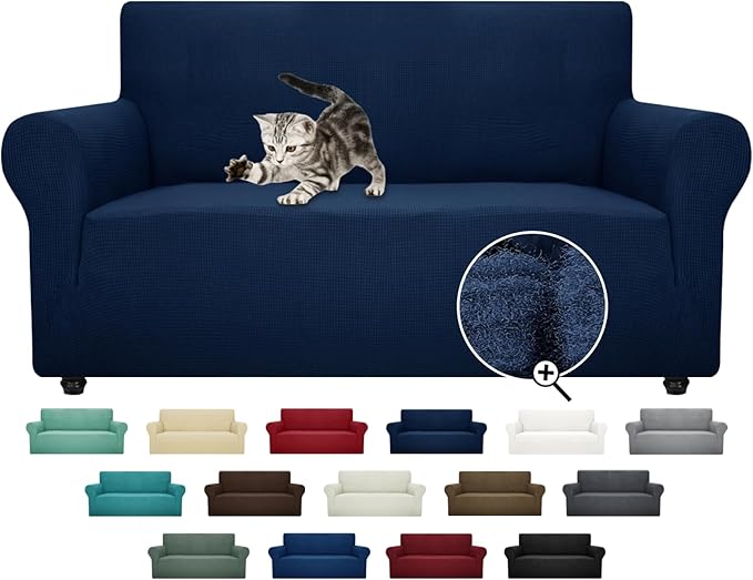 ZNSAYOTX Super Stretch Couch Cover Love Seat Sofa Covers for Living Room Dogs Pet Friendly Furniture Protector Spandex Loveseat Slipcovers with Anti Slip Foam Sticks (Navy Blue, Loveseat)