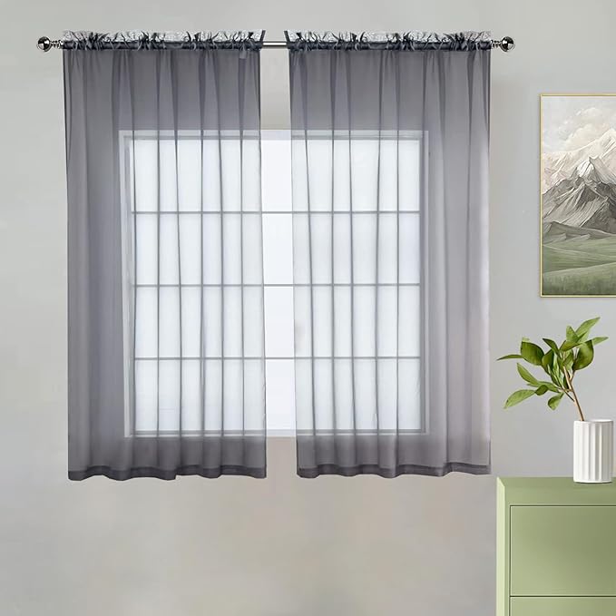 youleyar Solid Sheer Rod Pocket Curtain Voile Draperies 2 Panels White Beige Black Grey Coffee 38 Inch Width 45 Inch Long 1 Pair for Kitchen Bedroom Children Living Room Yard(Grey,38Wｘ45L)