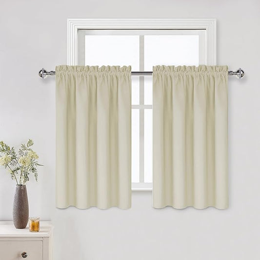 DWCN Light Beige Short Room Darkening Curtains for Kitchen/Bedroom, 42 x 36 inches Long - Energy Saving Window Drapes for Nursery with Rod Pocket, Set of 2 Panels