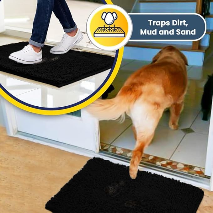 Muddy Mat® | Super Absorbent Door Mat Indoor, Microfiber Quick Dry Chenille Entryway Rug, Non-Slip Front Door Mat, Indoor Mats for Entryway, Machine Washable Pet Rug, Black 24"x72"