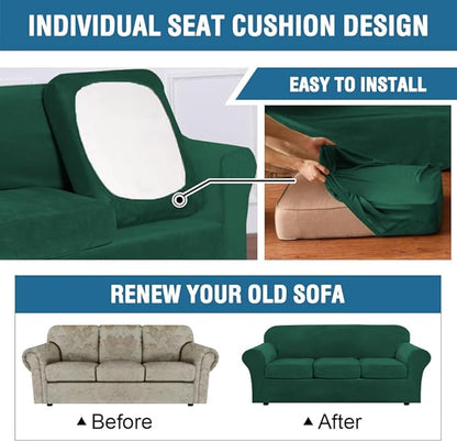 H.VERSAILTEX Modern Velvet Plush 4 Piece High Stretch Sofa Slipcover Sofa Cover Furniture Protector Form Fit Thick Velvet Sofa Cover for 3 Cushion Couch Width Up to 90 Inch (Sofa,Vintage Green)