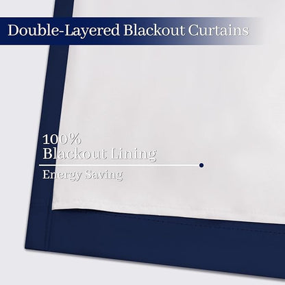 Yakamok Navy Blue 100% Blackout Curtains 96 Inches Long Thermal Insulated Window Curtain for Bedroom Living Room Darkening Set of 2 Panels Grommet Top Drapes with 2 Thick Layers 52x96 Inches Dark Blue