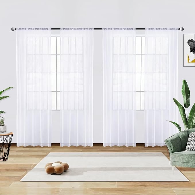 youleyar Solid Sheer Rod Pocket Curtain Voile Draperies 4 Panels White Beige Black Grey Ivory 52 Inch Width 72 Inch Long 1 Pair for Kitchen Bedroom Children Living Room Yard(Optical White,52 Wｘ72 L)