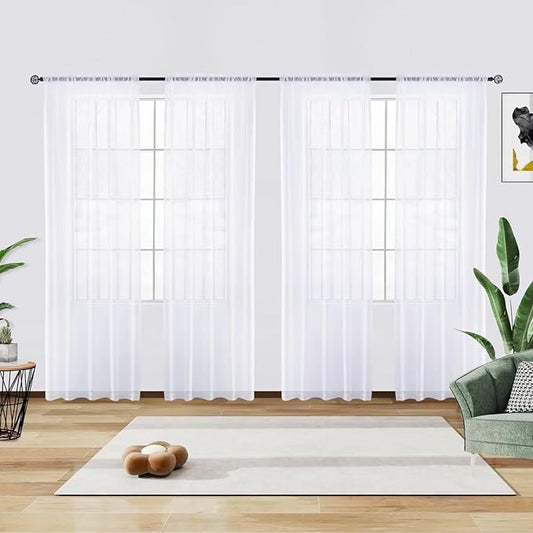 youleyar Solid Sheer Rod Pocket Curtain Voile Draperies 4 Panels White Beige Black Grey Ivory 52 Inch Width 72 Inch Long 1 Pair for Kitchen Bedroom Children Living Room Yard(Optical White,52 Wｘ72 L)