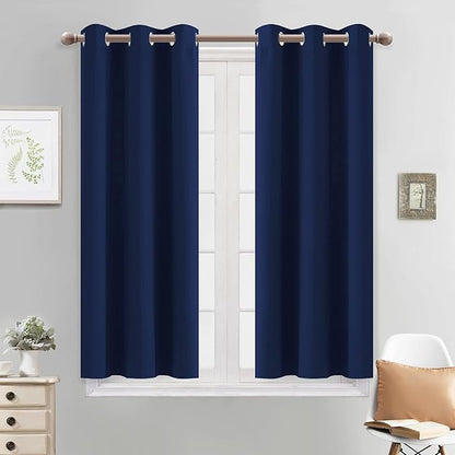 Yakamok Thermal Insulated Grommet Blackout Curtains for Bedroom, 45 Inch Length Light Blocking Blackout Drapes for Living Room, Navy Blue, 38W x 45L, 2 Panels