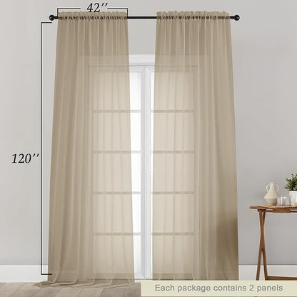 Extra Long Sheer Taupe Curtains for Bedroom Living Room 120 Inches Long 2 Panels Set, Solid Soft Light Filtering Rod Pocket Sheer Window Curtains, Taupe, Each 42" Wx120 L Inch