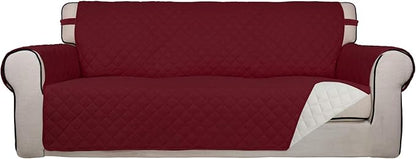 PureFit Reversible Quilted Sofa Cover, Water Resistant Slipcover Furniture Protector, Washable Couch Cover with Non Slip and Elastic Straps for Kids, Pets (Oversized Sofa, Red/Ivory)